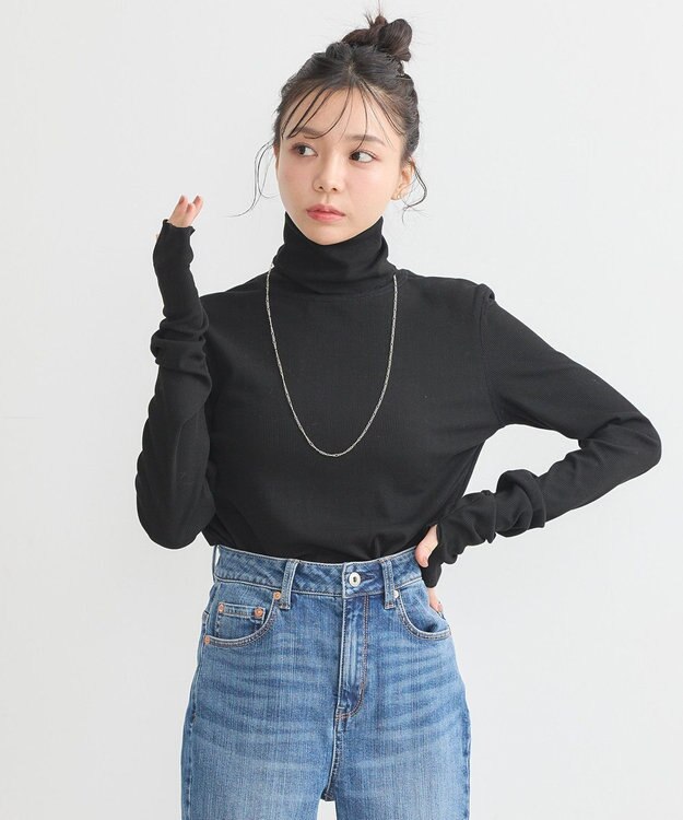 earth music&ecology リブタートルネックプルオーバー Black