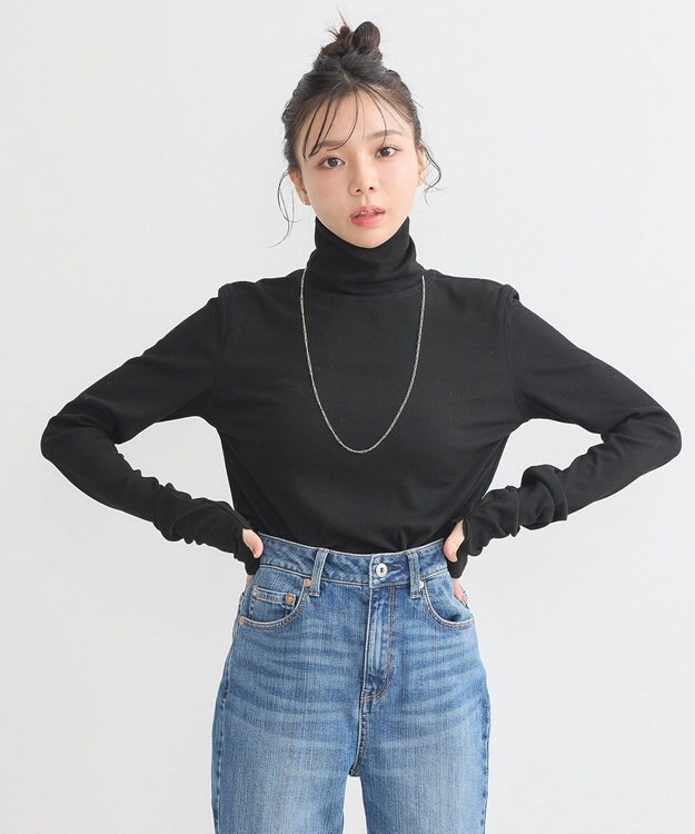 earth music&ecology リブタートルネックプルオーバー Black