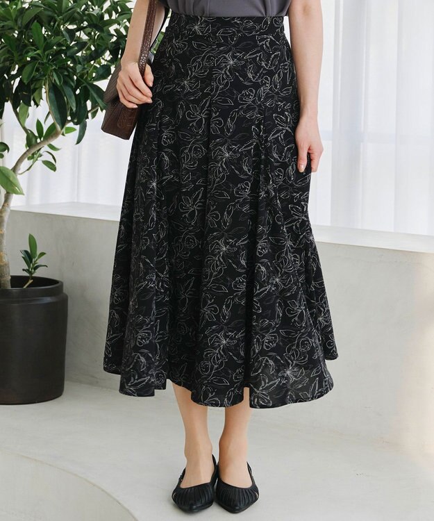 Tiaclasse 【洗える】フラワープリントスカート ブラック