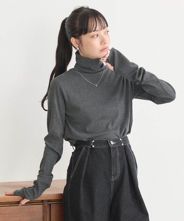 earth music&ecology リブタートルネックプルオーバー Gray