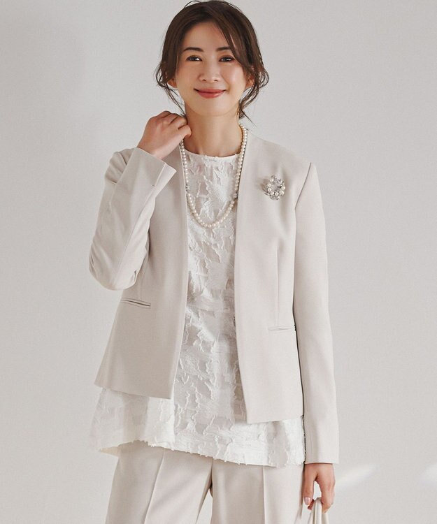 23区 L 【セットアップ対応/洗える】トリアセダブルジョーゼット ノーカラー ジャケット ベージュ系