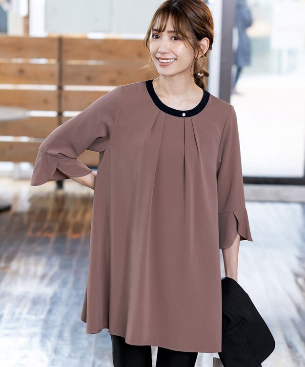 Tiaclasse 【洗える】花びらスリーブチュニックブラウス モカブラック