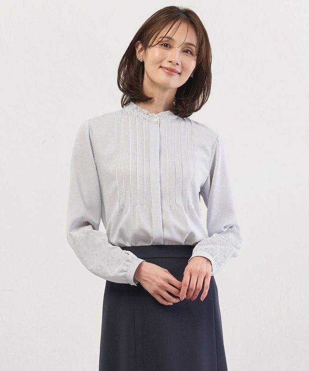 J.PRESS LADIES ソフトジョーゼット ストライプ プリント ブラウス ネイビーストライプ系