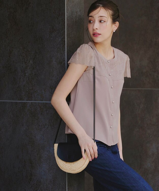 Tiaclasse L 【洗える】フレンチスリーブレースブラウス グレージュ