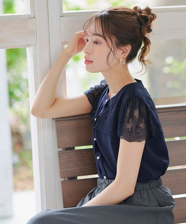 Tiaclasse L 【洗える】フレンチスリーブレースブラウス ネイビー
