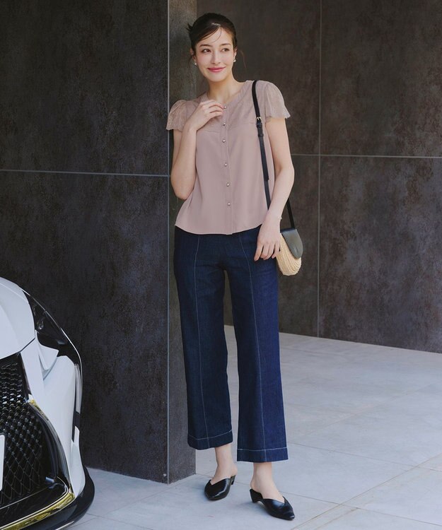 Tiaclasse L 【洗える】フレンチスリーブレースブラウス グレージュ