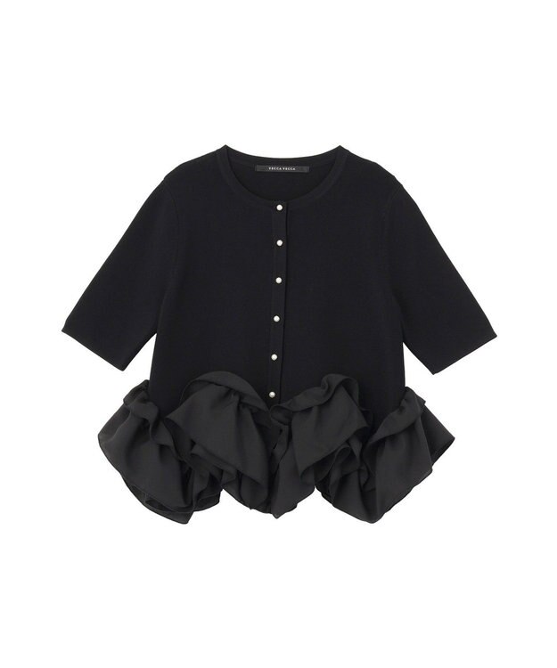 YECCA VECCA パール釦ラッフル5分袖カーディガン Black