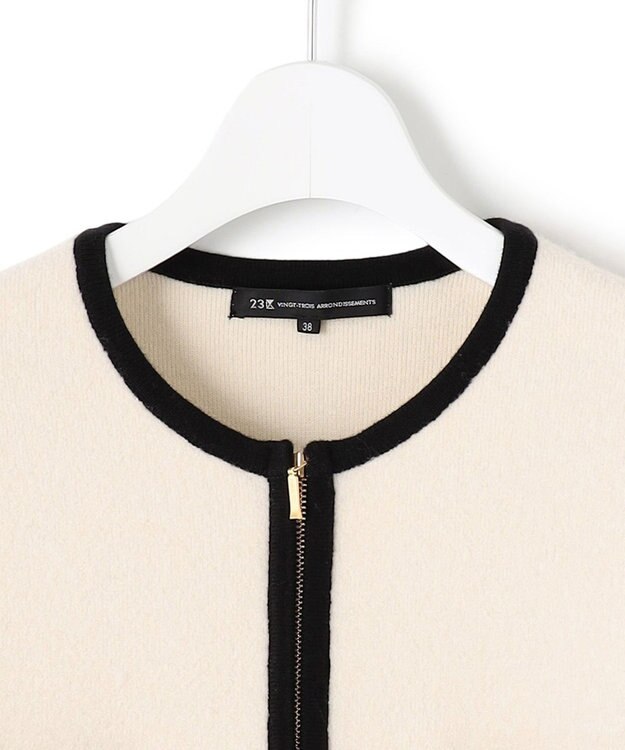 23区 L 【洗える】ミニブークレニット バイカラー ジャケット アイボリー×ブラック