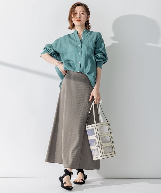 23区 L 【WEB限定カラーあり/洗える】LIBECO バンドカラー ビッグシルエット シャツ 【WEB限定】ピーコックグリーン系