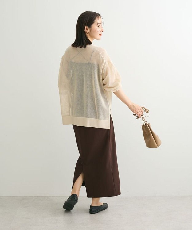 Green Parks メッシュミディ丈ニットカーディガン Ecru