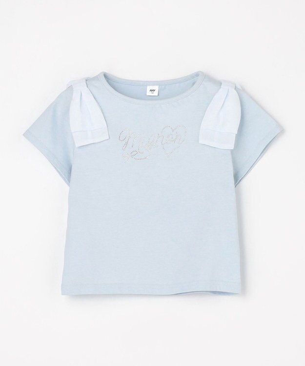 ANY KIDS 【綿100%】肩リボン×ラインストーンロゴ 半袖Tシャツ サックスブルー