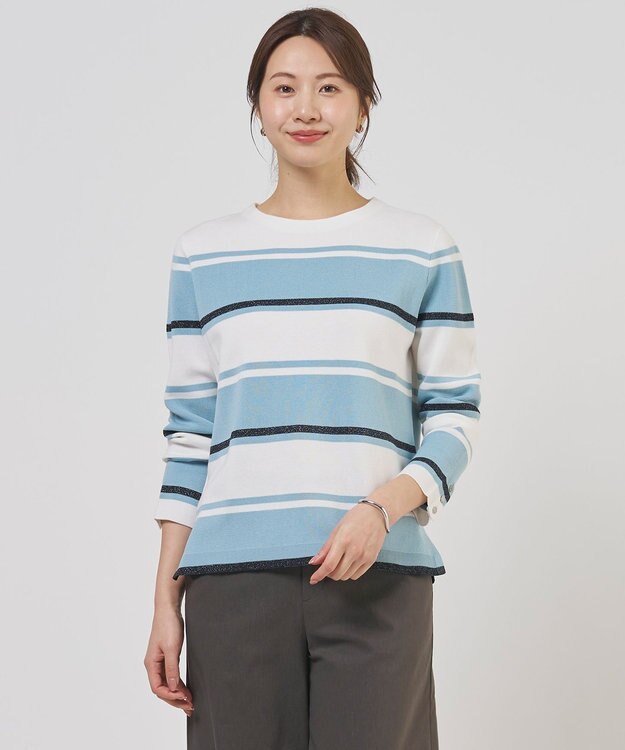 J.PRESS LADIES L Cotton Acetate ブロッキング ボーダー ニット アクア×ネイビー系