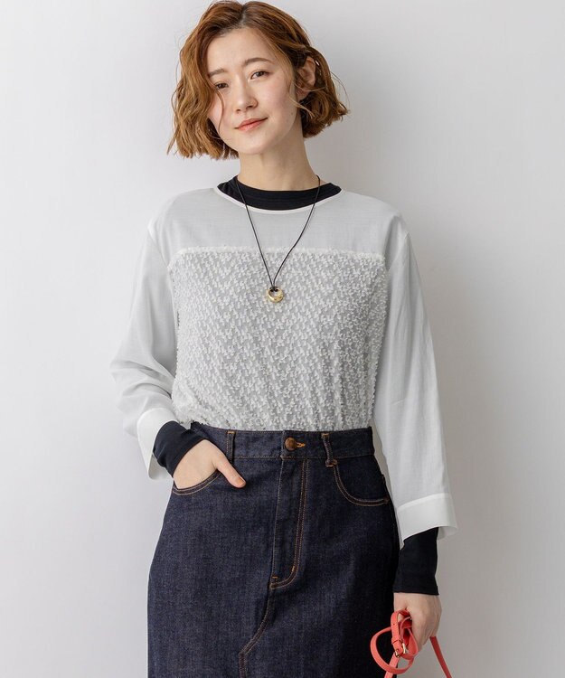 23区 カットジャカードコンビ シアー ブラウス アイボリー系