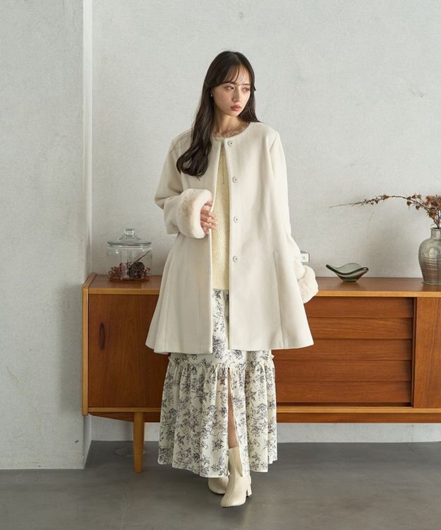 earth music&ecology ファーカフスノーカラーコート アイボリー