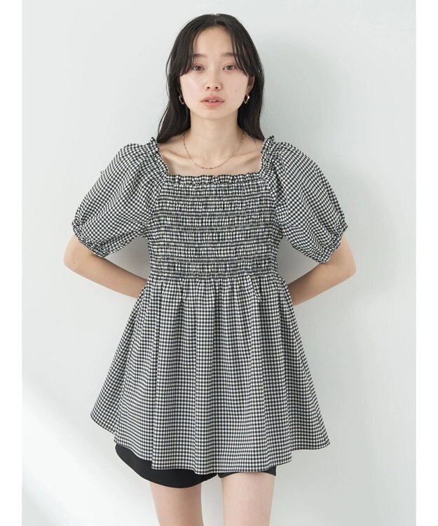 earth music&ecology ２ｗａｙショルダーシャーリングチュニック（ギンガム） Gingham Check