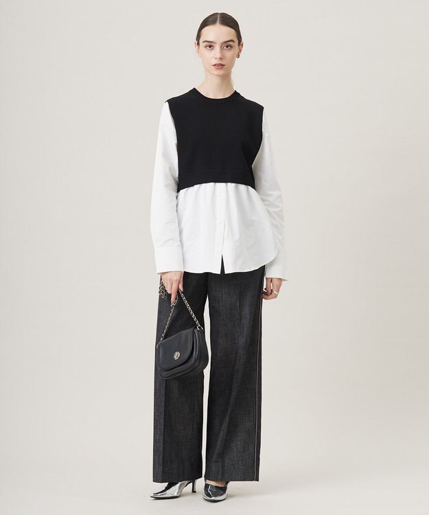 ICB 【洗える】 コットンリアクティブデニム ワイドストレートパンツ ブラックデニム系