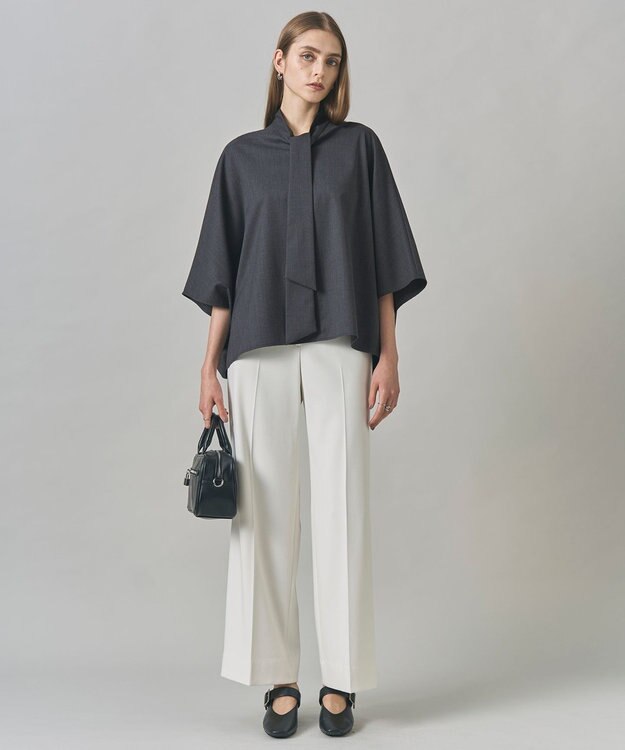 ICB 【洗える】T/Wブロード ボウタイブラウス チャコール系