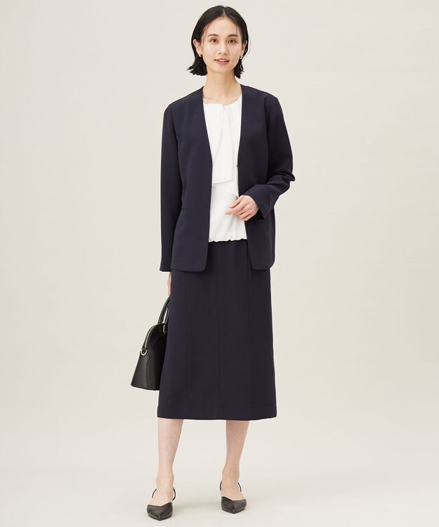 自由区 S 【セットアップ対応・接触冷感・UVケア・洗える】ライトストレッチノーカラー ジャケット ネイビー