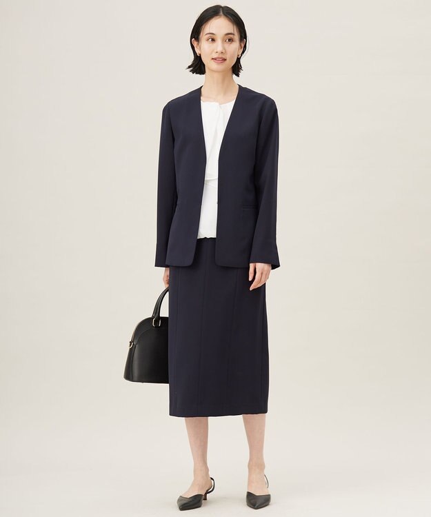 自由区 S 【セットアップ対応・接触冷感・UVケア・洗える】ライトストレッチノーカラー ジャケット ネイビー