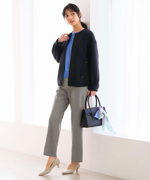 ANY SIS 褒めらレディストレッチ セミフレア テーパードパンツ グレーシャンブレー