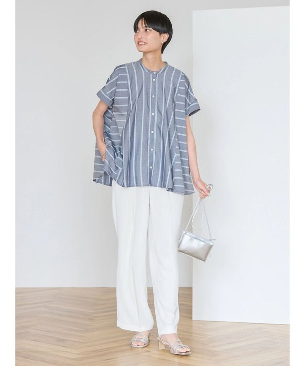 AMERICAN HOLIC 接触冷感フレンチスリーブ切り替えフレアブラウス Stripe Navy