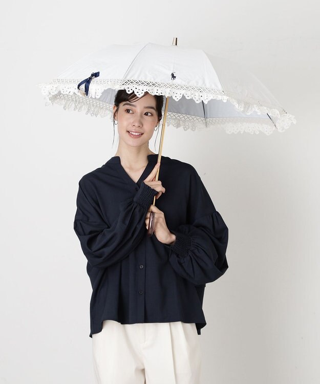 MOONBAT 【遮光/晴雨兼用日傘】POLO RALPH LAUREN(ポロ ラルフローレン) エンブフリル 折りたたみ傘 楽折 遮熱 UV オフホワイト