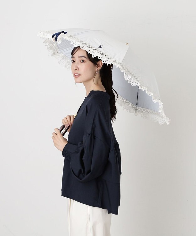 MOONBAT 【遮光/晴雨兼用日傘】POLO RALPH LAUREN(ポロ ラルフローレン) エンブフリル 折りたたみ傘 楽折 遮熱 UV オフホワイト