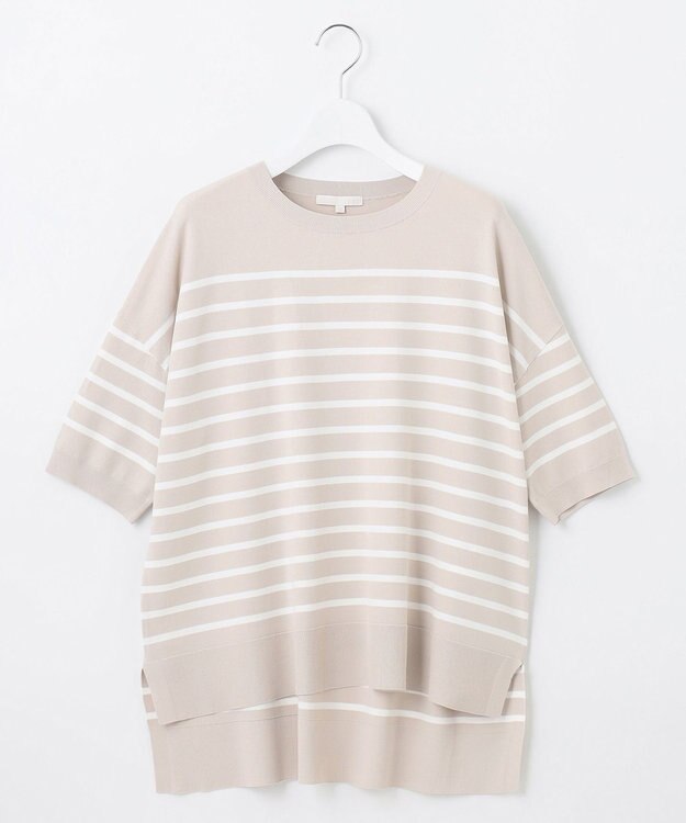 自由区 【接触冷感・UVカット・WEB限定カラーあり】クレープストレッチプルオーバー ニット ベージュ×オフボーダー