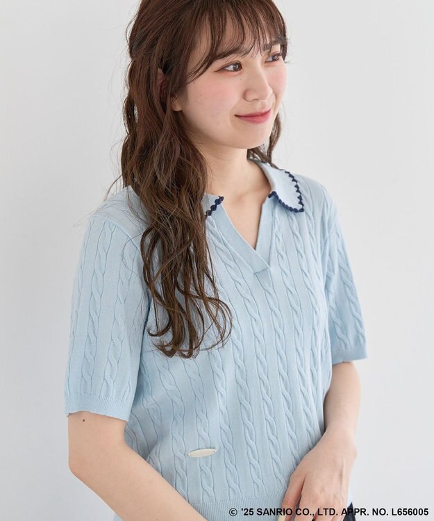 Green Parks チャーミーキティ／衿付き半袖ケーブルニット Light Blue