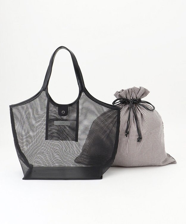 ANY ギンガムチェック巾着付メッシュトートバッグ ブラック