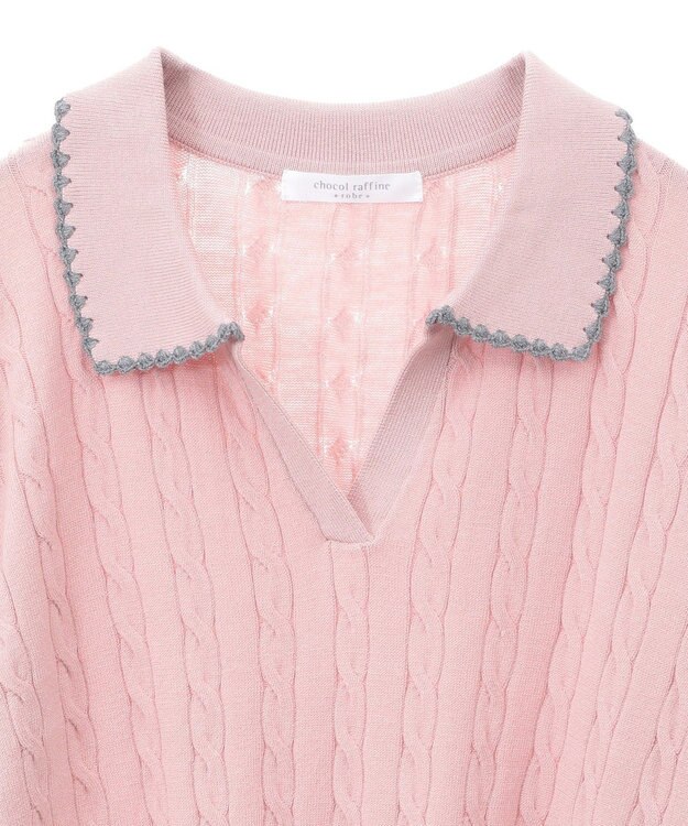 Green Parks チャーミーキティ／衿付き半袖ケーブルニット Pink