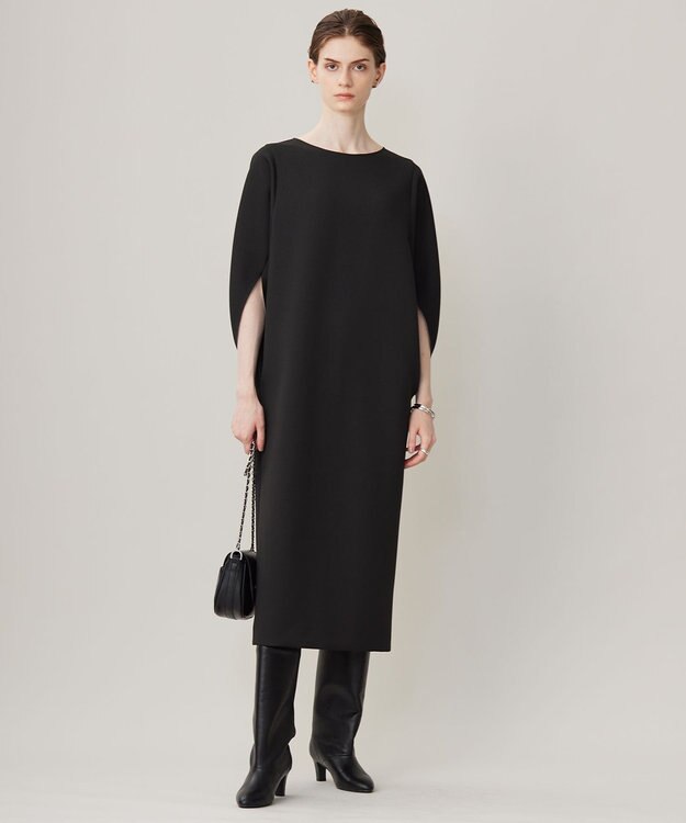 ICB L 【洗える】 ダブルフェイスクレープ ドルマンスリーブワンピース ブラック系（裏面トープ）