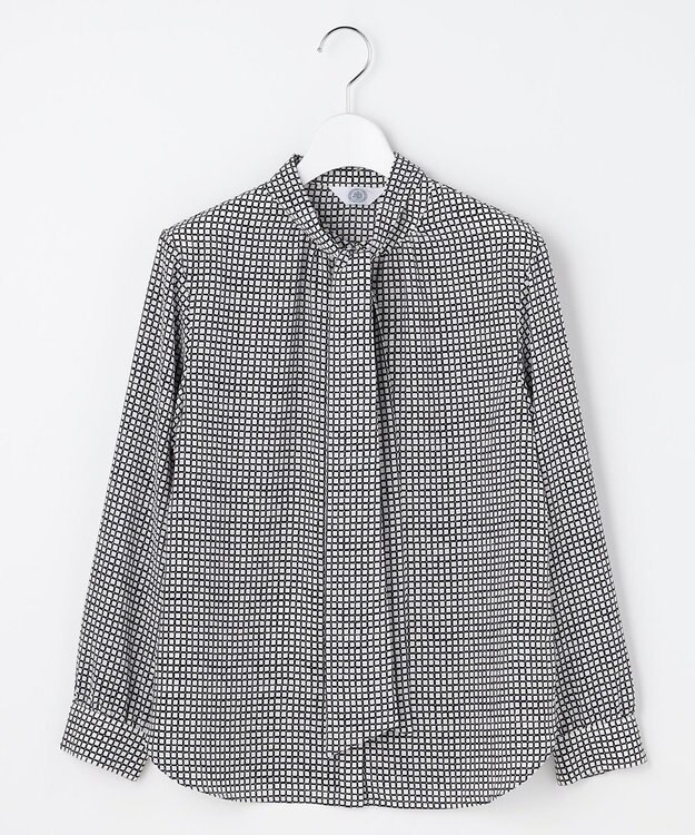 J.PRESS LADIES L ジーナ梨地 幾何プリント ブラウス ホワイト×ネイビー系