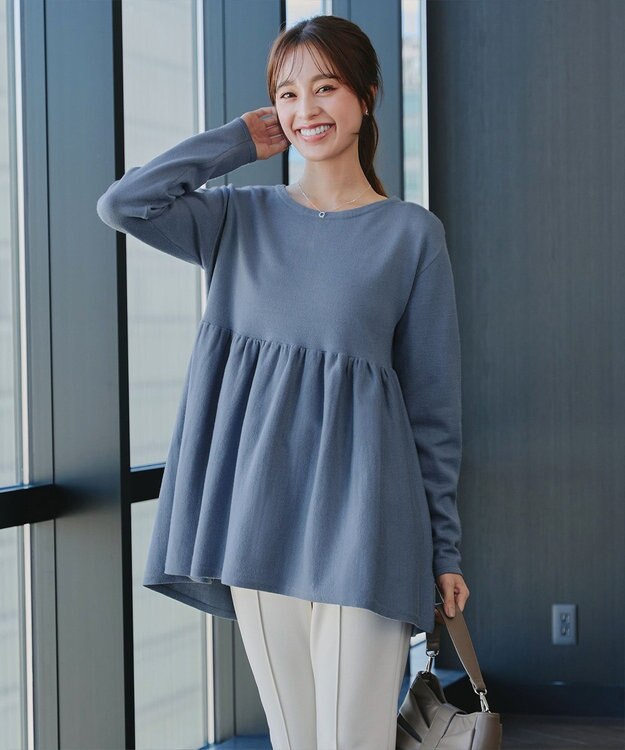 Tiaclasse 【洗える】ギャザーフレアニットチュニック ブルー
