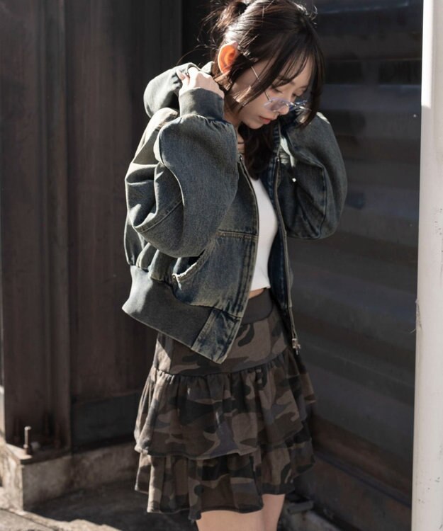 WEGO デニムショートフードブルゾン デニム中濃加工色