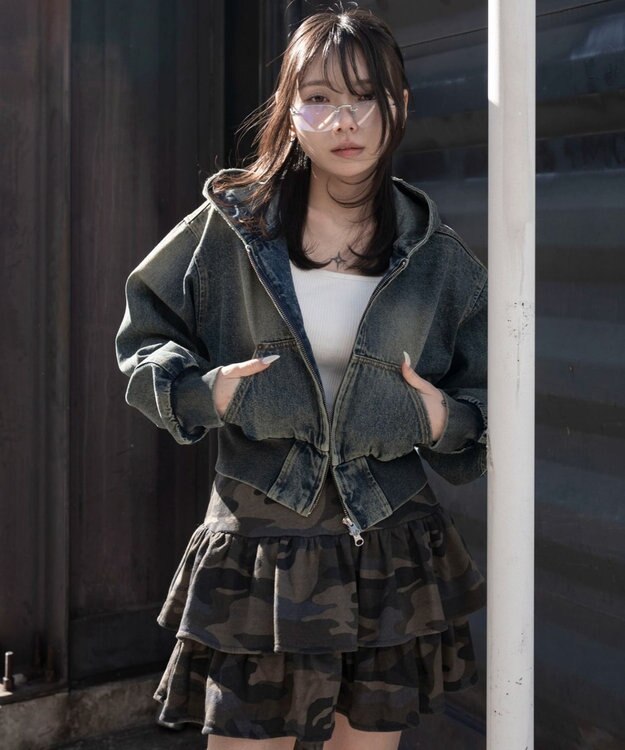 WEGO デニムショートフードブルゾン デニム中濃加工色