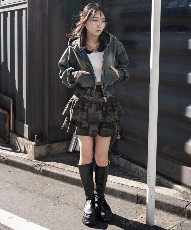 WEGO デニムショートフードブルゾン デニム中濃加工色