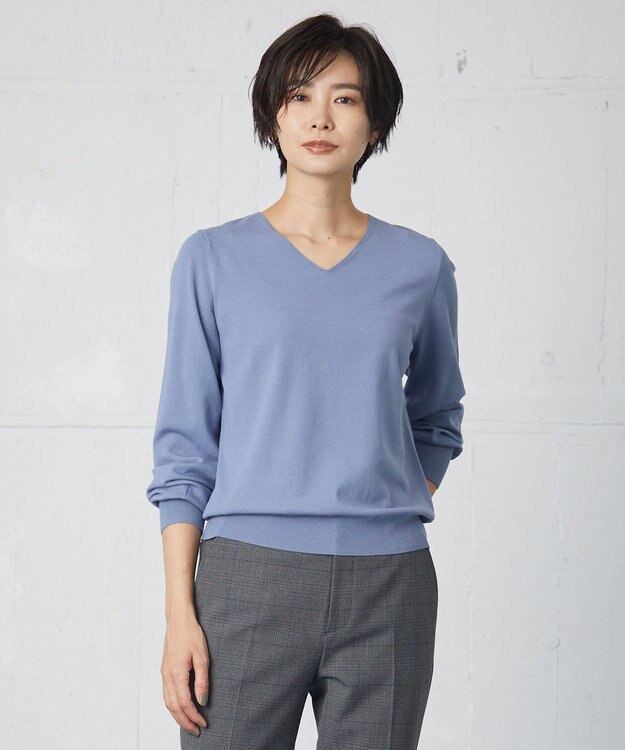 J.PRESS LADIES 【洗える】PRINCE Vネック ニット サックスブルー系