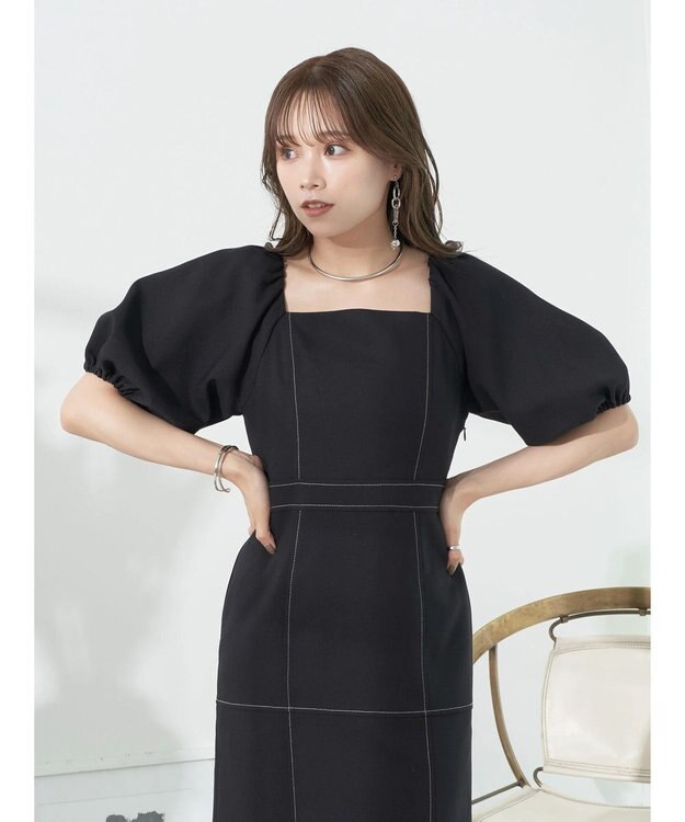 earth music&ecology 配色ステッチパフスリーブワンピース Black