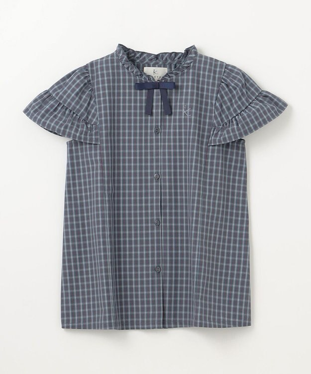 組曲 KIDS 【150-160㎝】チェックラッフル ブラウス ブルーグレー系3