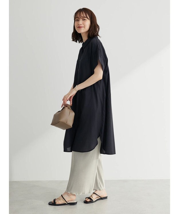 Green Parks ミディ丈半袖シャツワンピース Black