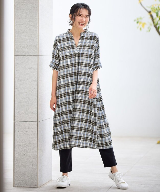 ANY L フレンチリネンシャツワンピース ブラウンチェック