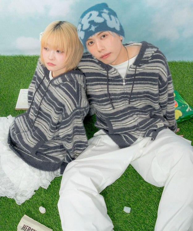 WEGO 【ユニセックス着用ITEM】シャギーボーダーニットパーカー ネイビー