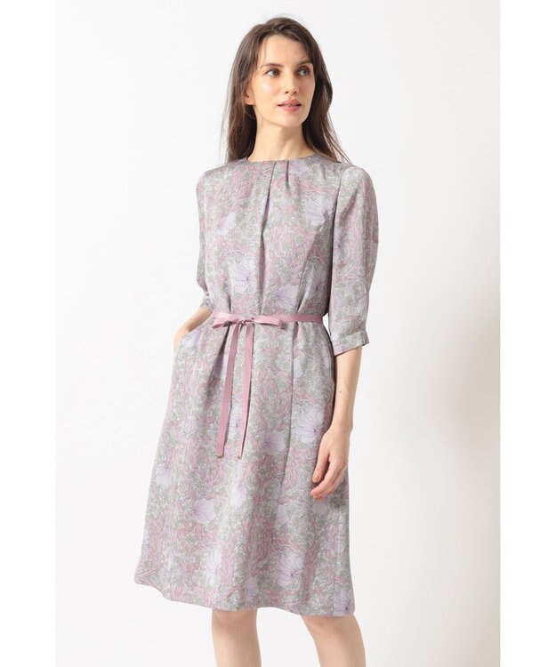 DAKS ボタニカルプリント七分袖ワンピース ピンク