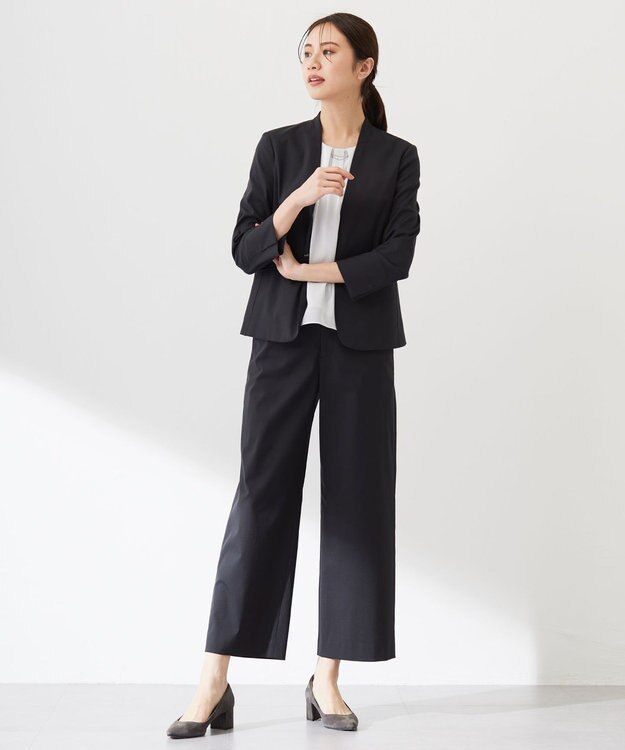 J.PRESS LADIES 【セットアップ対応・洗える・撥水・防汚】コットンFITTYシャーク ノーカラー ジャケット ブラック系