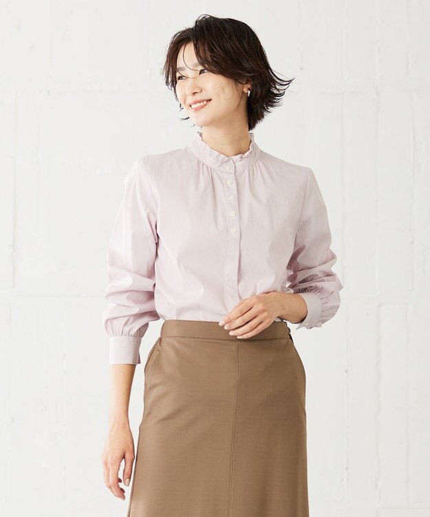 J.PRESS LADIES 【洗える】 BEZ VEGA フリル ストライプ ブラウス ピンク系1