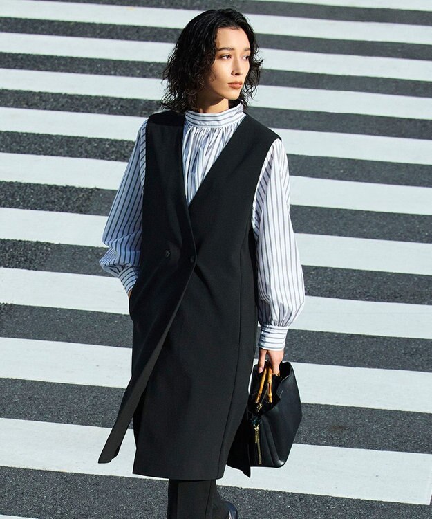 UNFILO イージーケア ギャザーブラウス ブラックストライプ