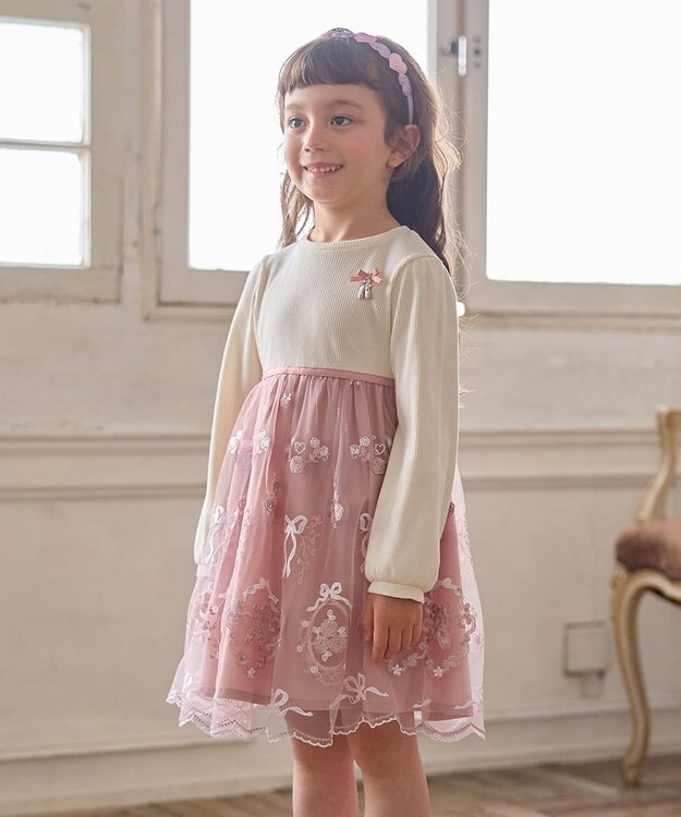 ANY KIDS バレエ刺繍チュールワンピース ホワイト×ピンク