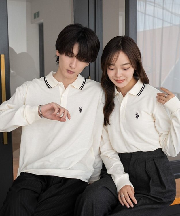 WEGO 【25年秋冬新作/ユニセックスITEM/SMLサイズ展開】別注USPOLOラインポロシャツ（長袖） ホワイトアイボリー