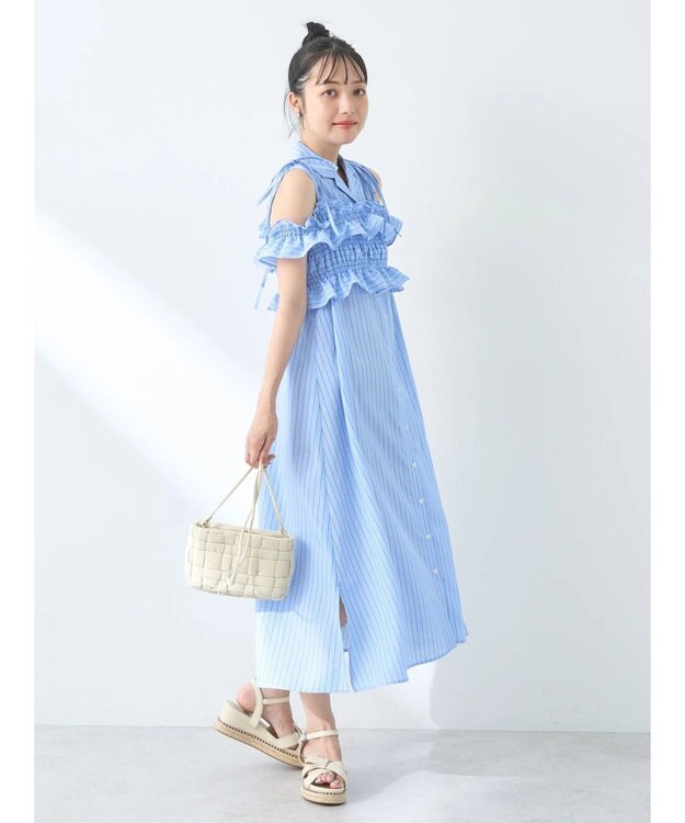 earth music&ecology ＳＥＴ２点シャーリングビスチェ×シャツワンピース Stripe Blue